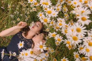 Güneşli bir günde koyu mavi ve beyaz elbiseli iki kız uzanır ve doğada papatya çayı kokar.