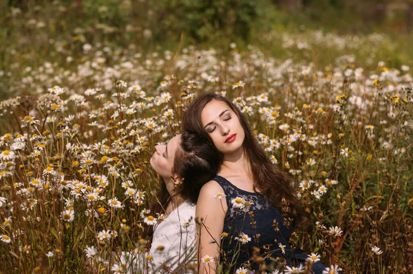 Koyu mavi ve beyaz elbiseli iki kız güneşli bir günde papatya tarlasında doğada oturuyor.