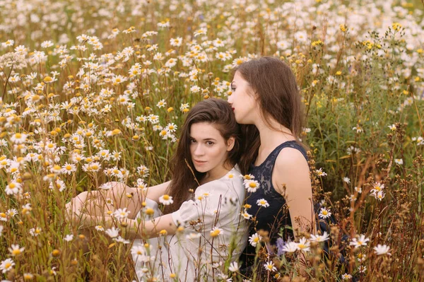 二人の女の子でダークブルーとホワイトドレスで晴れた日に座っていますカモミールフィールド上の自然 — ストック写真