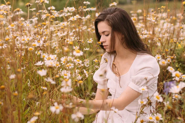 Giovane Bella Ragazza Abito Bianco Raccogliere Fiori Campo Camomilla Estate — Foto Stock