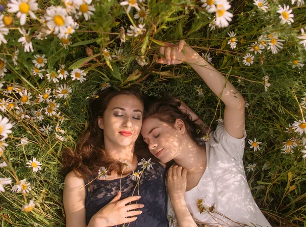 二人の女の子で閉じ目で暗い青と白のドレスで晴れた日に横たわっていますカモミールフィールドで自然の上 — ストック写真