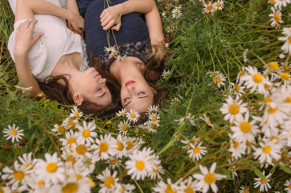 Koyu mavi ve beyaz elbiseli iki kız güneşli bir günde papatya tarlasında uzanıyorlar.