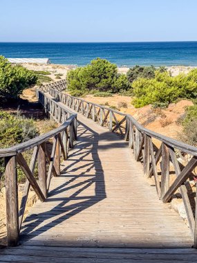 Sancti Petri, Cadiz, İspanya 'daki La Barrosa plajına erişim sağlayan kum tepeleri.