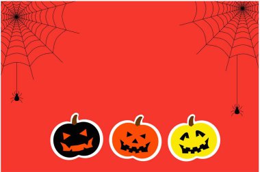 Cadılar Bayramı kartı. Renkli balkabağı karikatürü, örümcek, turuncu arka planda ağ, vektör illüstrasyonu.