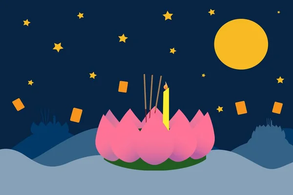 Loy Krathong Festivali sancak taşıyıcı illüstrasyonu, suda yüzen Krathong 'la dolunay.