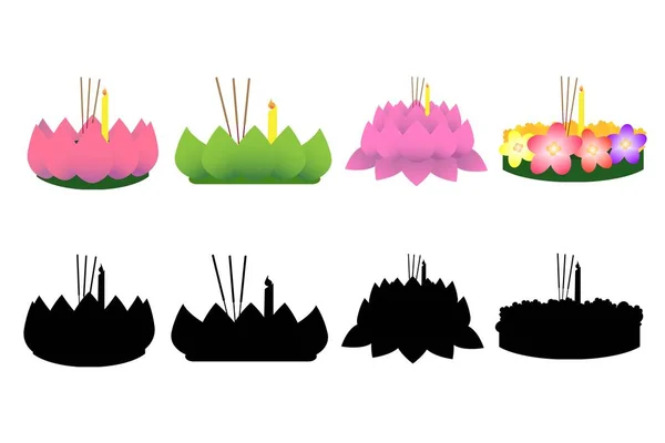 Loy Krathong, renkli ve siluet Krathong dizaynı beyaz arka planda izole edilmiş, Sukhothai çayır, Tayland, Vektör ilüstrasyonu.