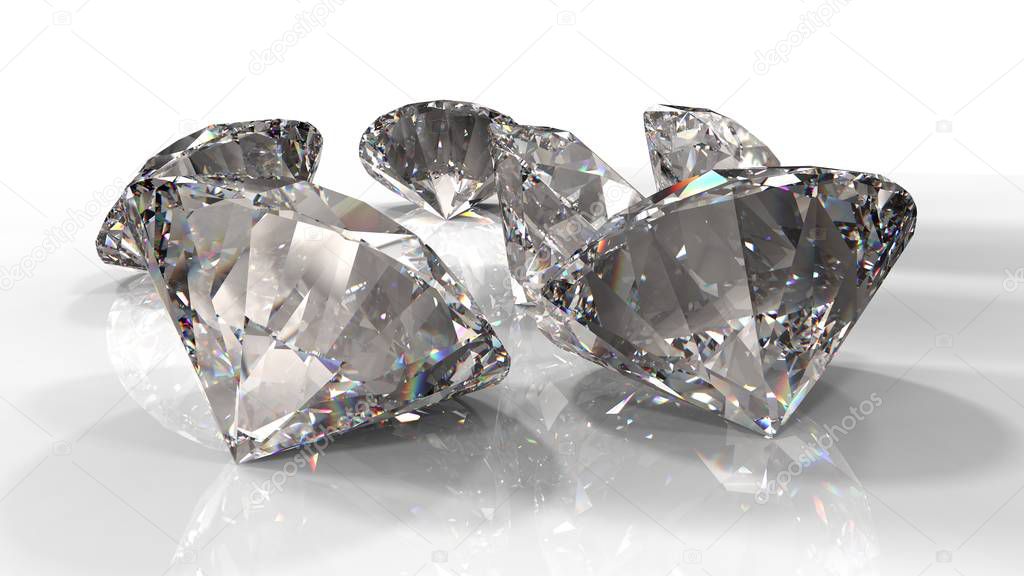 Close-up view of a clear round brilliant cut diamond with caustics rays on white background. 3D rendering illustration