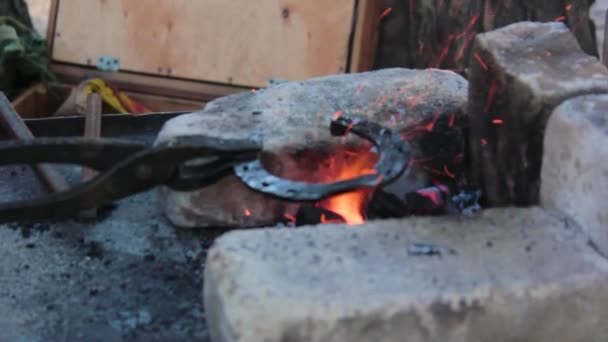 Le forgeron dans une forge forge un fer à cheval — Video