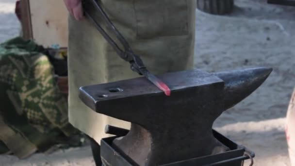 Kowal, ręcznie kucia metalu rozpalone na kowadło w kuźni — Wideo stockowe
