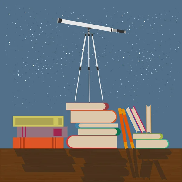 教育未来構想ベクトル平図望遠鏡は夜空を背景に本の上に立つ — ストックベクタ