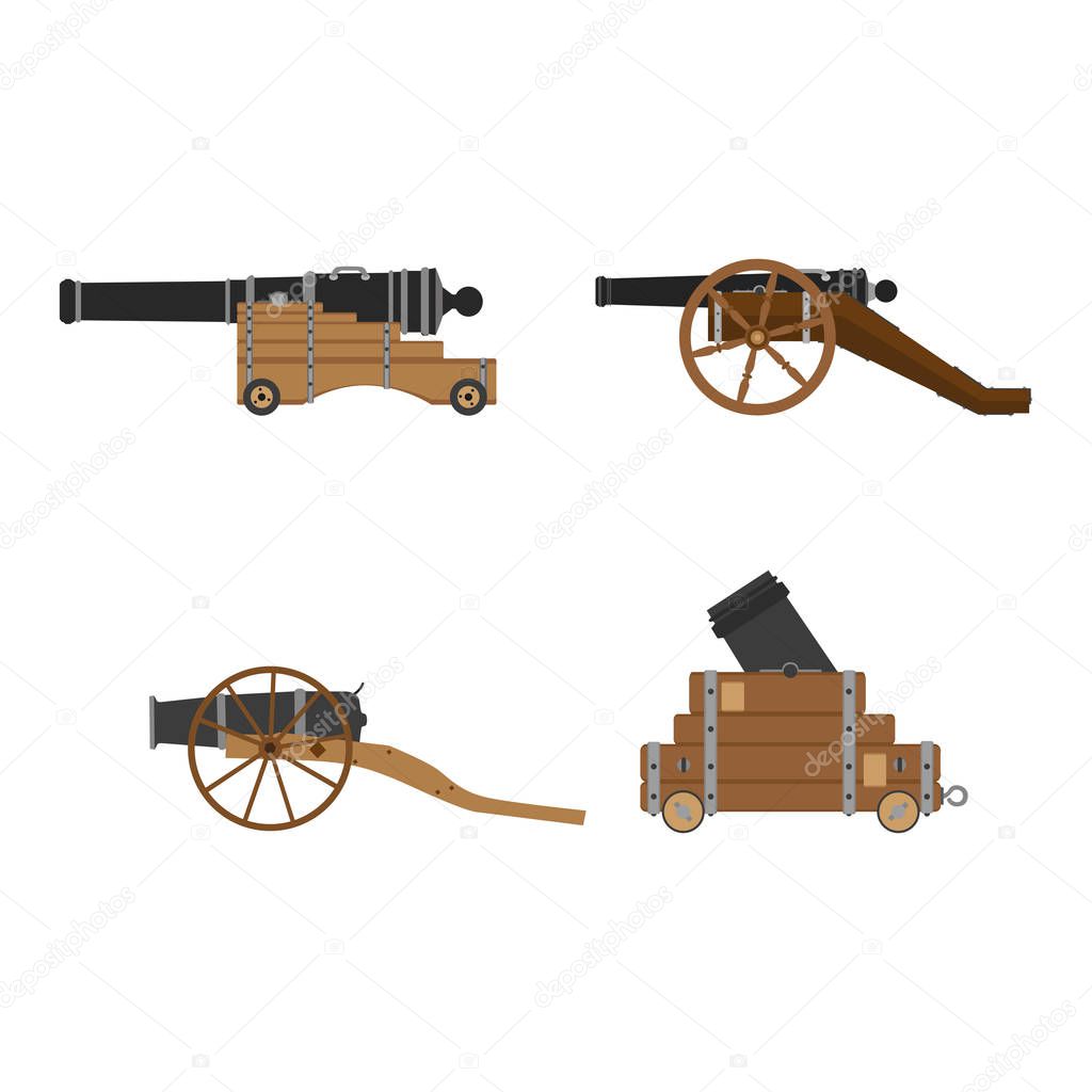 Medieval artillery cannon set vector flat illustration design concept. Castle defense weapon.