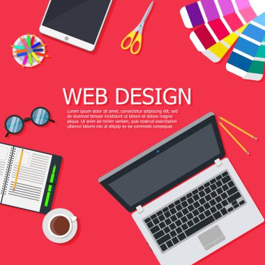 Tasarım web arayüzü web sitesi bilgisayar. Geliştirme duyarlı telefon, tablet, laptop Kullanıcı arabirimi perde. Dijital teknoloji sitesi aygıt vektör. Afiş işareti iş kodlama düz illüstrasyon ağ.