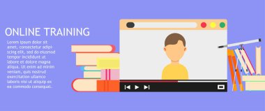 Çevrimiçi eğitim eğitim iş teknoloji. Üniversite web kitaplığı sahası vektör. Webinar video simgesi düz servis okul kavramı çalışma. E-öğrenim dijital sınıf uzak medya. Profesyonel öğretmen.