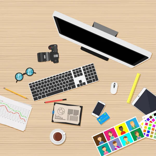 Workplace business office job people. Graphic web work internet vector. Person computer illustration style. Brainstorming process set developer. Technology equipment teamwork creative isolated.