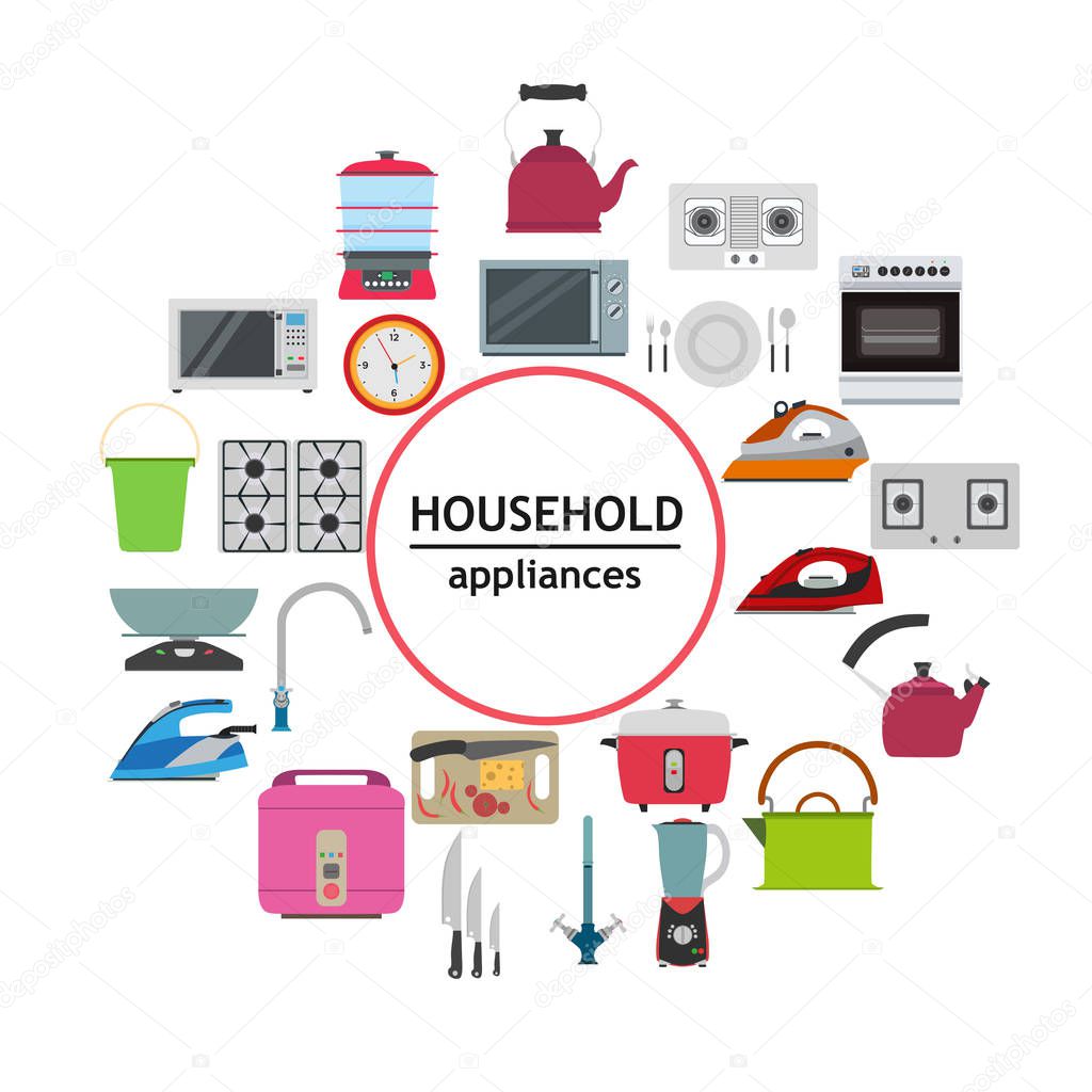 Household electrical kitchen appliance modern technology symbol vector. Home set new machinne lifestyle object device. Collection equipment icon house domestic. Cooking goods woman laundry flat store.