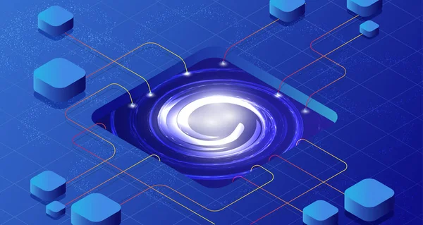 Comunicación de conexión 3D isométrica de red. Pasante de tecnología — Archivo Imágenes Vectoriales