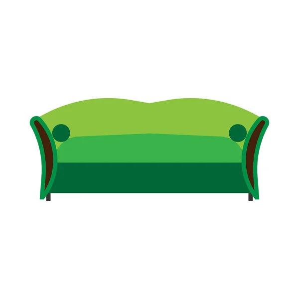 Sofa green front view vector flat icon. Comfortable room couch i — Stock Vector