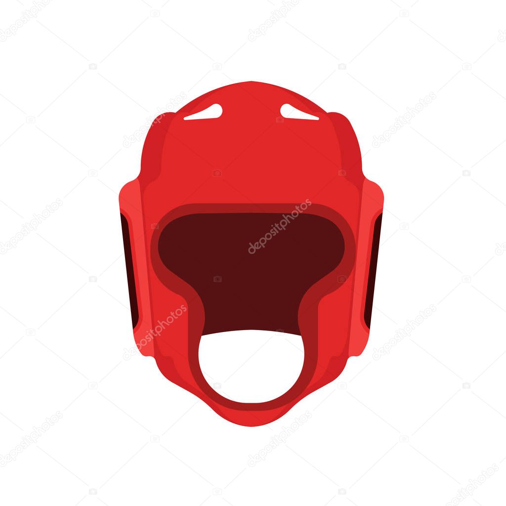 Boxing helmet flat symbol front view pictogram. Protection red gym hat. Uniform man mask sport vector icon