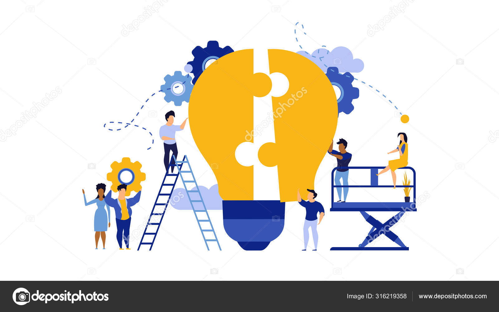 Business teamwork building lightbulb puzzle vector work Stock