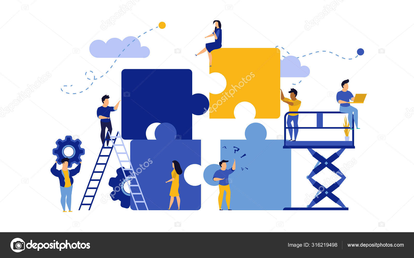 Business team work building puzzle concept vector illustration