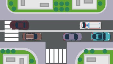 Şehir manzaralı bina haritası vektör manzarası. Arabayla yol, ağaç