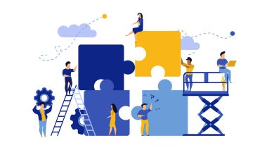 Business team work building puzzle concept vector illustration. People partnership man and woman challenge marketing corporate goal. Jigsaw piece cooperation character. Office banner unity part object stock vector
