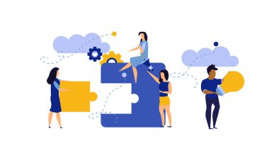 Man and woman create business puzzle vector concept illustration
