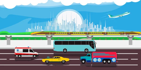 Cityscape tráfico urbano ilustración vector fondo. Moderno — Vector de stock
