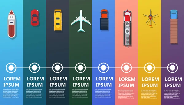 Infographic üst görünüm vektörünü naklet. Düz otobüs, gemi, kamyon, tren — Stok Vektör