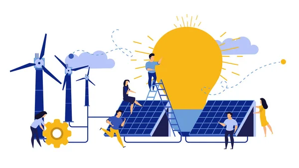 Ekoloji Şehri Çevre Enerjisi Dünya Günü Tasarımı. Kadın ve erkek güneş paneli çizimi yapıyor. Eko doğa tasarrufu kavramı. Rüzgar türbini teknolojisini geri dönüştür Gezegen yel değirmeni temiz