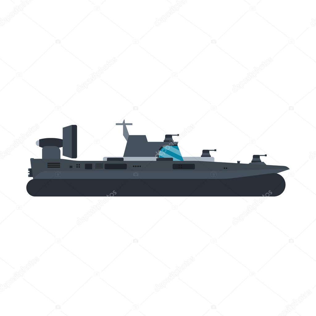 Navy hovercraft side view vector icon illustration. Boat sea 