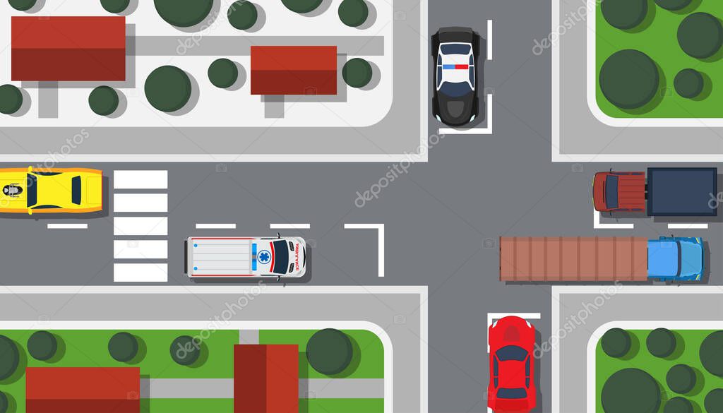 Crossroad top view vector illustration building map. City car 