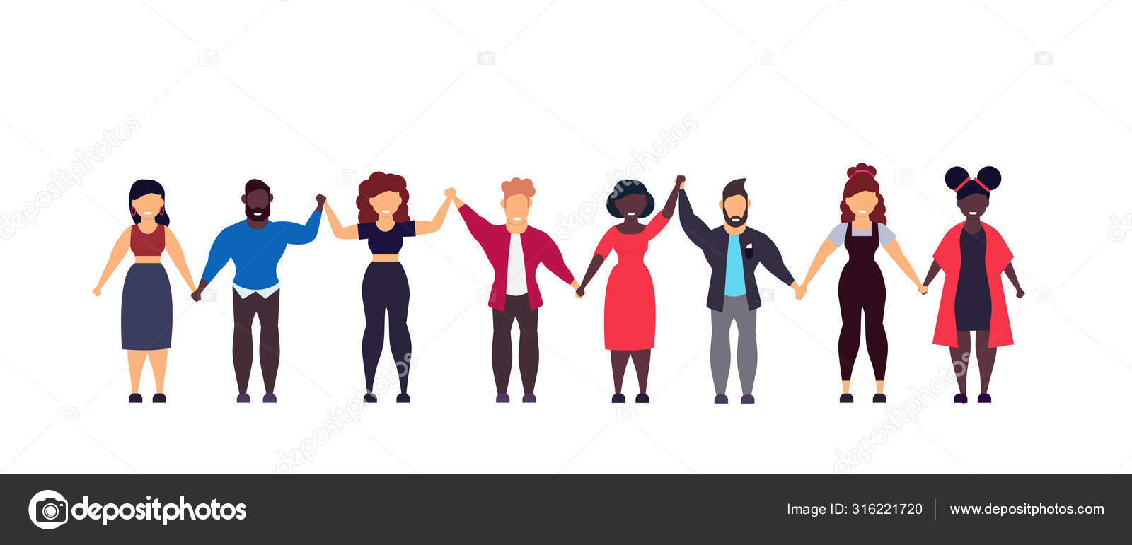 People friend unity hand vector character friendship person woman and man.  Group together happy cartoon different girl and boy on row line with casual  clothes. Social team crowd human community join Stock
