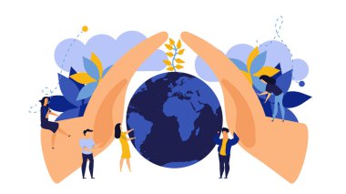 Save earth day vector concept illustration flat design. Modern people protection environment plant nature. Global nature planet business. Hand growth with globe world ecology. Clean leaf eco banner