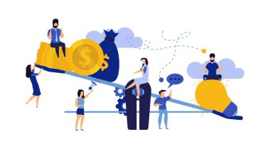 Para dengesi karşılaştırma dengesi vektör iş illüstrasyonu. Fikir ampulü ve altın madeni para finansmanı. Erkek ve kadın konsepti gelir yatırımı kazanma. Kâr raporu ağırlığı nakit akışı