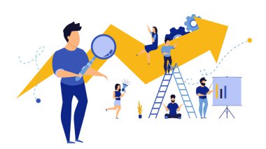 Okçuluk analitik vektör finansal performans takım çalışması yapan iş adamları. Erkek ve kadın reklamları iş pazarlamasını hızlandırıyor. Konsept çizim bürosu çalışanı. Kariyer sancak lideri, patron.