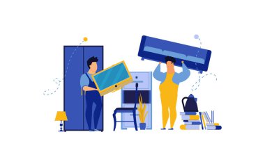 Mobilya taşıyıcı illüstrasyon işçisi insanlara hizmet veriyor. Teslimat kamyonu nakliye işi. Hızlı kurye paket ekspres şirketi. Lojistik taşınan ofis depolama konumu