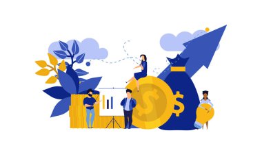 İnsanlar para vektör analitik uygulama iletişim işini gözden geçiriyorlar. Oklu ve sikke konsept çizim ikonu yönetimiyle çalışan bina finansmanı. Banka raporu vergisi yatırım grafiği