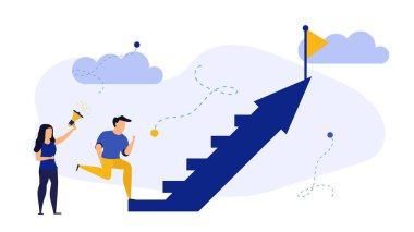 Başarılı insanlar ok vektörü tanıtım ekibinin iş illüstrasyonunda yükselirler. Başarılı bir iş adamı tasarımı arka plan başarı zafer kutlama kariyeri. Ödül lideri geleceği hedefliyor