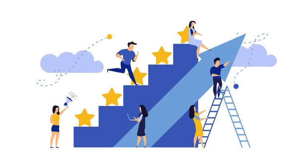 Hombre y mujer vector negocio recompensa satisfacción empleado. Competición líder ilustración gráfica retroalimentación. Pasos estrellas retroalimentación concepto de trabajo. Motivación laboral evaluación de la empresa buena calificación calidad — Vector de stock