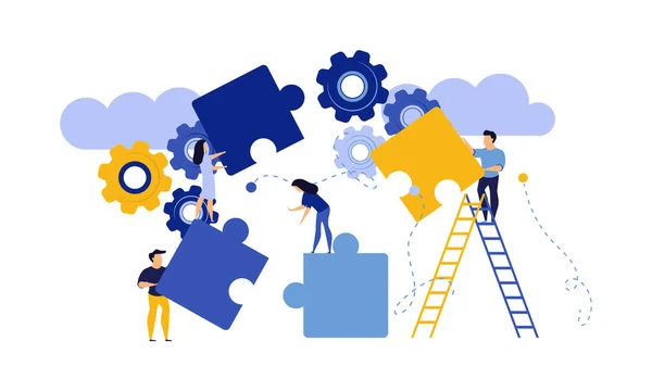 Puzzle juntos conceito vetor negócio quebra-cabeças ilustração peça ideia solução de trabalho em equipe. Conecte o projeto de sucesso do grupo de fundo. Resolver problema trabalho cooperação elemento parte estratégia —  Vetores de Stock