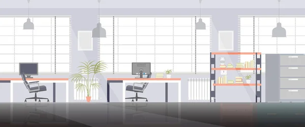 Офісні приміщення простору робота вектор плоский бізнес інтер'єр ілюстрація зі стільцем і комп'ютером. Сучасні настільні меблі на робочому місці концепція фону мультфільму. Стиль роботи коворкінг шафа банер творчий — стоковий вектор