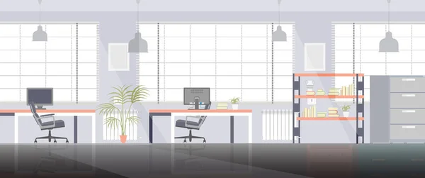 Oficina espacio trabajo vector plano negocio interior ilustración con silla y computadora. Muebles de mesa de escritorio moderno concepto de fondo de dibujos animados. Estilo de trabajo coworking gabinete banner creativo — Archivo Imágenes Vectoriales