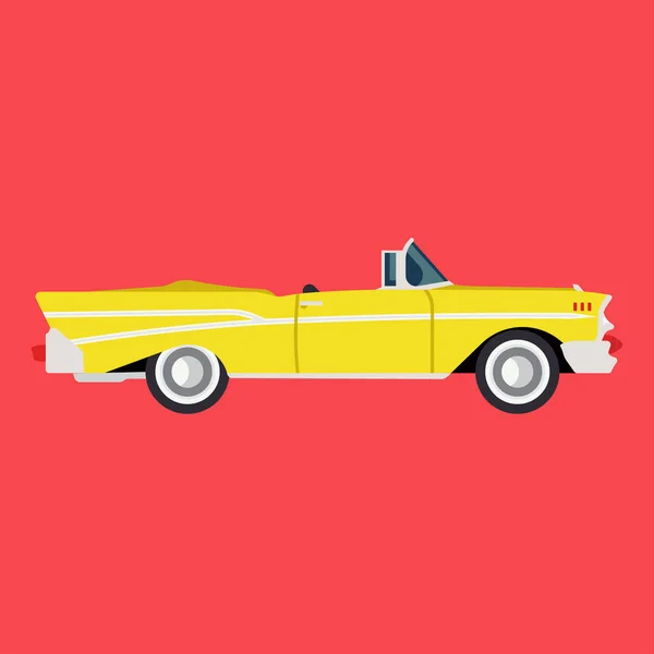 Retro amarillo coche vista lateral icono plano automático. Vehículo clásico ilustración diseño transporte arte vintage. Antiguo símbolo de dibujos animados de transporte de motor. Dibujo estilo exclusivo de moda de la máquina de renacimiento — Vector de stock