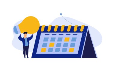 Takvim çizelgesi hafta vektör çizimi. Öğrenci ataması kadın ve erkek ajandası. Saatli, kalemli iş planı. Buluşma günü. İş arkadaşı afiş ofis takım çalışması ataması