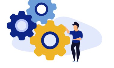 İşçi lideri, eylem illüstrasyonunda sanal iş kuruyor. Kariyer başarısı geliştirme vektör tahsisi. Gelecekteki takım çalışması karakteri. Çevrimiçi çalışma küresel işbirliği verimli