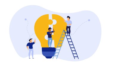 İş ekip çalışması ampul yapımında vektör çizimi konsepti. İş adamı yapboz parçası ile işbirliği yapıyor. İnsan grubu birliği kısmen formda. Görev ortağı tasarımı