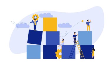 Küp blok vektörü düz illüstrasyonundan reklam bulmacası. Analitik çizelge iş adamları takım çalışması. Toplum sancak işbirliği yap-bozu. İnsan ittifakı bürosu çalışma grubu.