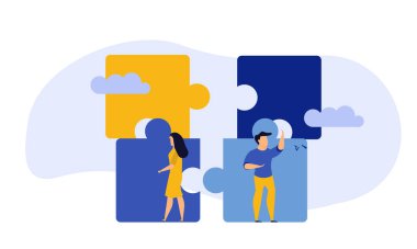 İş ekibi bulmaca konsept vektör çizimi üzerinde çalışıyor. İnsan ortaklığı erkek ve kadın pazarlama hedefine meydan okuyor. Yapboz parçası işbirliği karakteri. Ofis sancak birliği parçası nesnesi