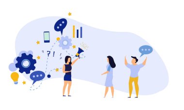 İnsanlar reklamları megafon vektör illüstrasyonuyla duyuruyor. Farkındalık yüksek sesle konuşan erkek ve kadına odaklanıyor. İş afişi pazarlama grubu medyası. Konuşma haberleri tanıtım ağı liderlik posteri